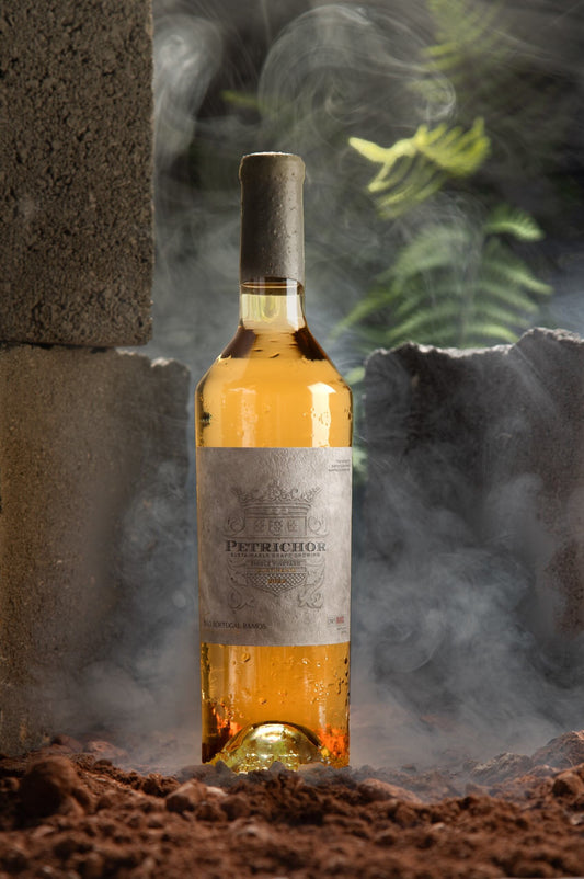 A bottle of Petrichor Single Vineyard Rosé 2022 stands on earthy ground, surrounded by mist and stone, evoking a natural, rustic elegance.