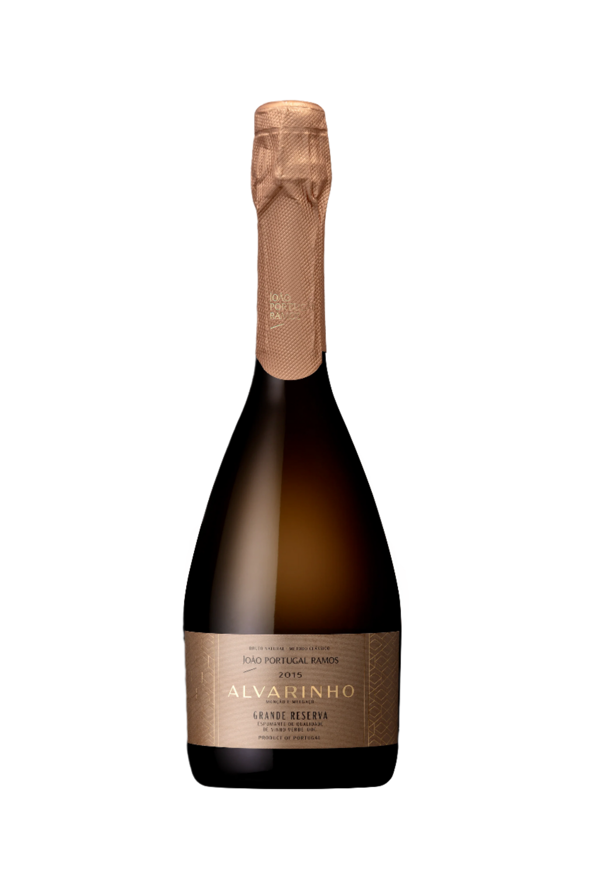 Alvarinho Grande Reserve 2015 sparkling wine by João Portugal Ramos, showcased in a natural setting, reflecting the sophistication of Portuguese wine.